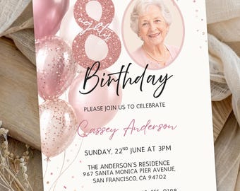 80th Birthday Invitation, Minimalist 80th Birthday Invitation with Photo, Women Birthday Invite, Modern Invite, Instant Download, Printable