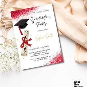 Editable Graduation Invitation 2025, Red Black Grad Party Invitation, Digital Printable Card, Modern High School College Graduation Template