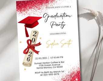 Graduation Party Invitation, Class of 2026 Invite, Red Graduation Announcement, Self-Editable Digital Download, Printable Grad Card Template
