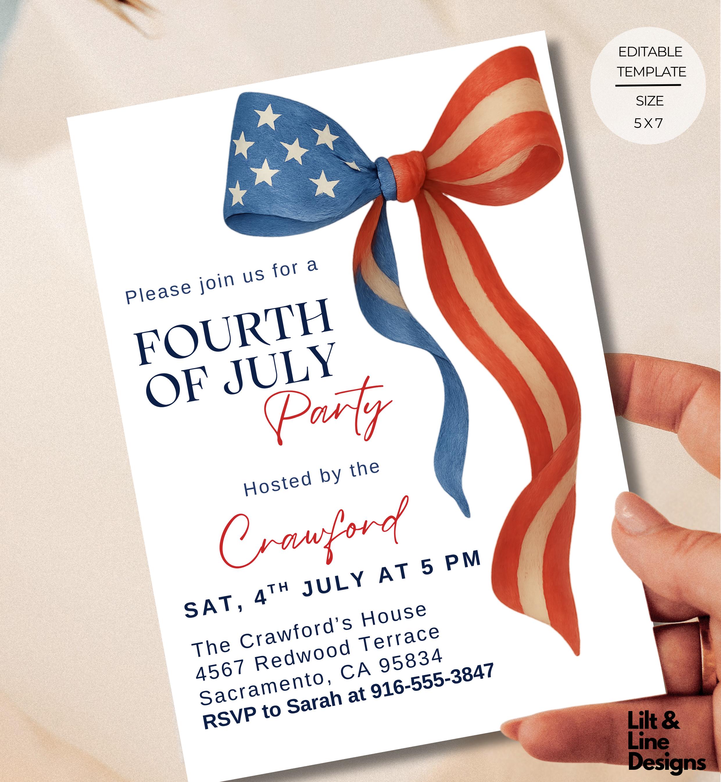 4th of July Party Invitation | Red White Blue Bow | Patriotic BBQ ...