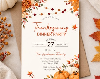 Thanksgiving Dinner Invitation, Friendsgiving Dinner Invitation. Digital Fall Party Invite. Elegant Friends Giving Dinner Party, Printable