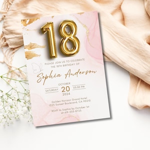 Faire-part 18e anniversaire modifiable fille or rose ballon téléchargement numérique modèle d'invitation fête moderne aquarelle fard à joues élégant