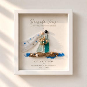 Puede incluir: Un marco blanco con arte de vidrio marino que muestra dos figuras sobre un trozo de madera flotante. El texto dice Seaside Vows, A Coastal Wedding Keepsake, Flora & Jam, Sagamore Beach, Massachusetts, 12 de julio de 2026, con arena azul.