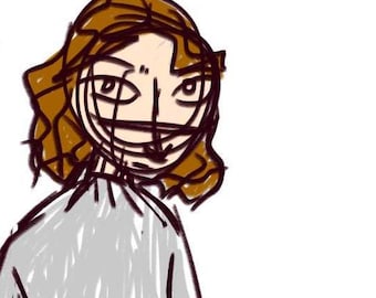 Può includere: Schizzo di una persona in un lungo abito grigio con cintura, capelli castani e un viso disegnato con linee. Altri schizzi includono una figura verde e tre volti.