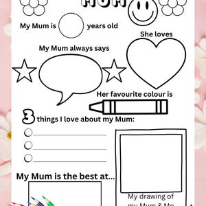 Imprimible para el Día de la Madre, Todo sobre mi mamá, Regalo para el Día de la Madre, Tarjeta para mamá, Página de actividades, Dibujos para colorear para el Día de la Madre