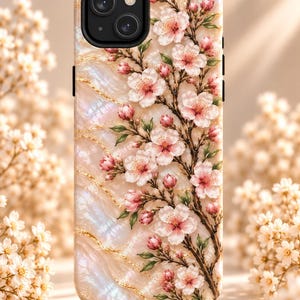 Cherry Blossom Phone Case for iPhone & Samsung, Faux Mother of Pearl, Pink Sakura Flowers, Gold-Tone Botanical Design, Gift for Her