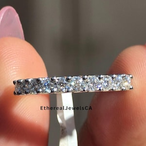 2.00mm Round Brilliant Cut Moissanite Matching Wedding Band, 10 Stone Shared U Prong Half Eternity Stackable Band, Silver  Comfort Fit Band