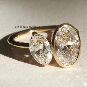 3.Ct Bezel Set Oval & Prong Set Oval Cut Moissanite Ring, Two Stone Ring, Toi Et Moi Moissanite Engagement Ring, Anniversary Gift Ring