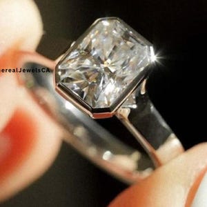 Radiant Cut Bezel Set Moissanite Ring, 3CT Elongated Radiant Cut Engagement Ring, 14K Solid Yellow Gold Ring, Solitaire Cushion Cut Ring.