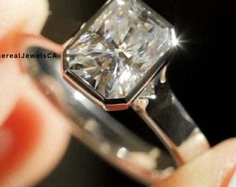 Radiant Cut Bezel Set Moissanite Ring, 3CT Elongated Radiant Cut Engagement Ring, 14K Solid Yellow Gold Ring, Solitaire Radaint Cut Ring.