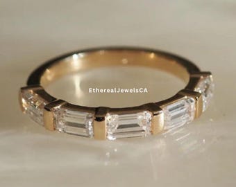 Baguette Cut Colorless Moissanite Wedding Band, Minimalist Band, Solid 14K Yellow Gold Band, Half Eternity Moissanite Promise Band For Her