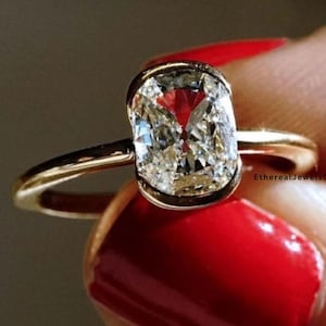 Half-Bezel Set Old Mine Cushion Moissanite Diamond Ring Dainty Solitaire Ring Minimal Daily Wear Ring For Her Proposal Ring For Girlfriend