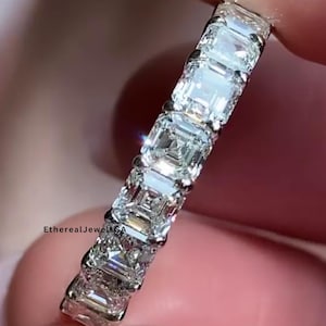 Asscher Cut Moissanite Full Eternity Band, Stackable  Anniversary Band, Basket Set Unique Wedding band, Matching Band, Silver Gift For Her