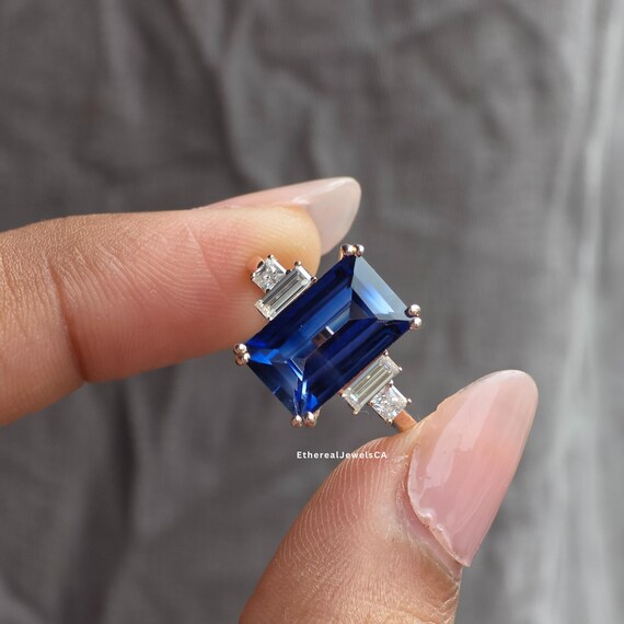 Classic Blue Sapphire Emerald Cut Gemstone, Side Baguette