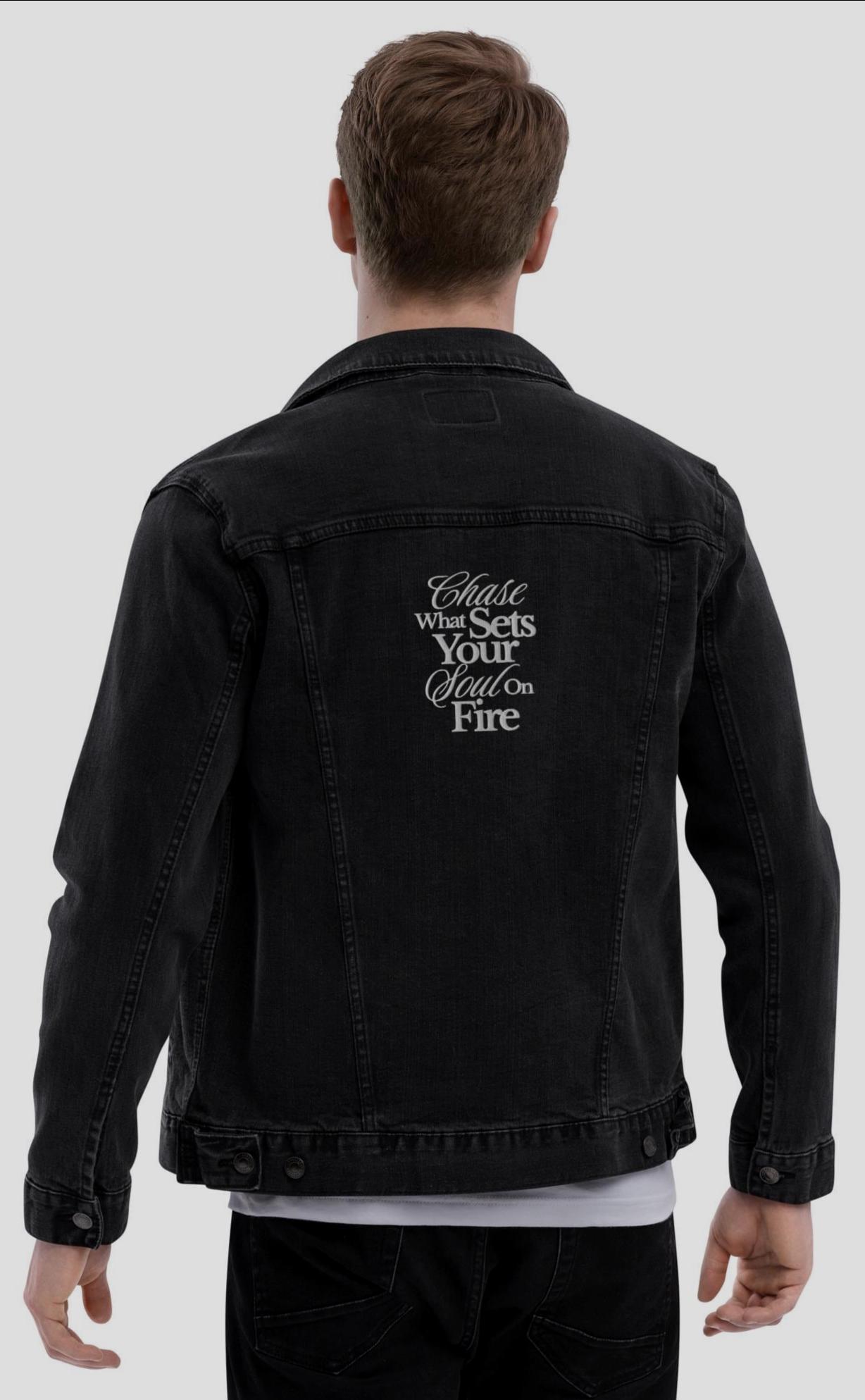 Vintage Style Embroidered Denim Jacket in Black, Unisex Streetwear with Inspirational Message