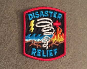 DISASTER RELIEF Iron On Patch Weather Disaster Flood Tornado Fire Hurricane
