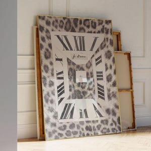 May include: A large framed artwork featuring a clock design with Roman numerals and the text "Je t'aime" in the center. The artwork has a leopard print background and a gold frame. The words "Digital DOWNLOAD" are in the upper left corner.