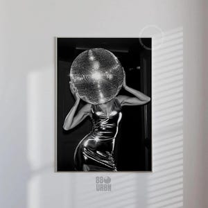 Stylish Disco Ball Girl Print Funky Disco Head Woman Poster 70s Black And White Wall Art Girly Dorm Room Chic And Trendy Apartment Decor #26