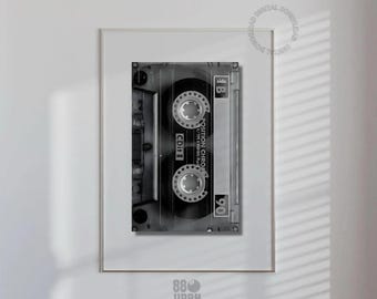 Black And White Retro Cassette Digital Print Mix Tape Music Wall Art Vintage Trendy Decor Aesthetic Bedroom Poster 80s Bar Cart Print