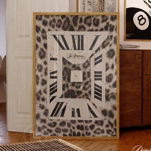 Retro Je T'aime Leopard Print Wall Art Digital Download, Neutral Maximalist Roman Numeral Clock Poster, Aesthetic Dorm & Apartment Decor