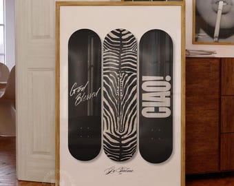 Trendy Y2k Zebra Skateboard Print Digital Download, Black And White Stockholm Style Fashion Poster, Minimalistic Monochrome Ciao Wall Art