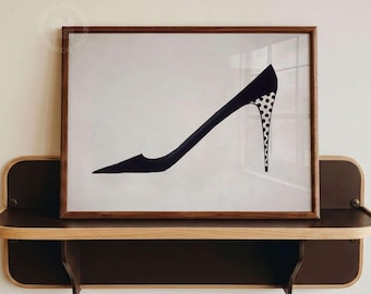 May include: A framed print featuring a black stiletto shoe with a white polka dot pattern on the heel, displayed on a dark brown wooden shelf. The text Digital Download is visible in the upper right corner of the image.
