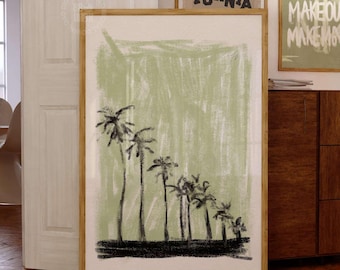 May include: A framed wall art print featuring a sage green background with a series of black palm tree silhouettes decreasing in size from left to right, set against a textured brushstroke backdrop within a light wood frame.