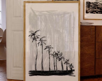 May include: A framed wall art print featuring a series of black palm tree silhouettes arranged in descending height order against a textured light gray background, set within a simple light wood frame on a wooden floor.