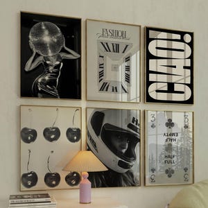 Trendy Schwarz Weiß 6 Stück Galeriewand 6er Set Stylish Disco Ball DIGITAL PRINT Set Chic Wohnung Dekor Vintage Kirsche Poster Retro Ace Karte