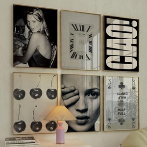 Set di 6 stampe da parete alla moda in bianco e nero di Kate Moss, elegante set di decorazioni per appartamenti chic, poster vintage in ciliegio, stampa di carte retrò Ace #3