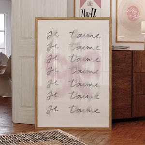 Coquette Je T'aime Love poster handgeschreven afdrukbare kunst liefde muur kunst roze strik kunst print chique typografie print strik muur kunst trendy posters