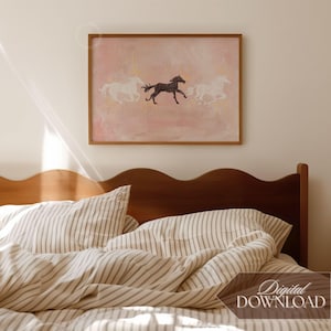Rosa Pferd Collage Digitaldruck - Hand gezeichnete Western Wohnkultur, Cowgirl über dem Bett druckbare Poster, horizontale abstrakte Rodeo Wandkunst Bild 4