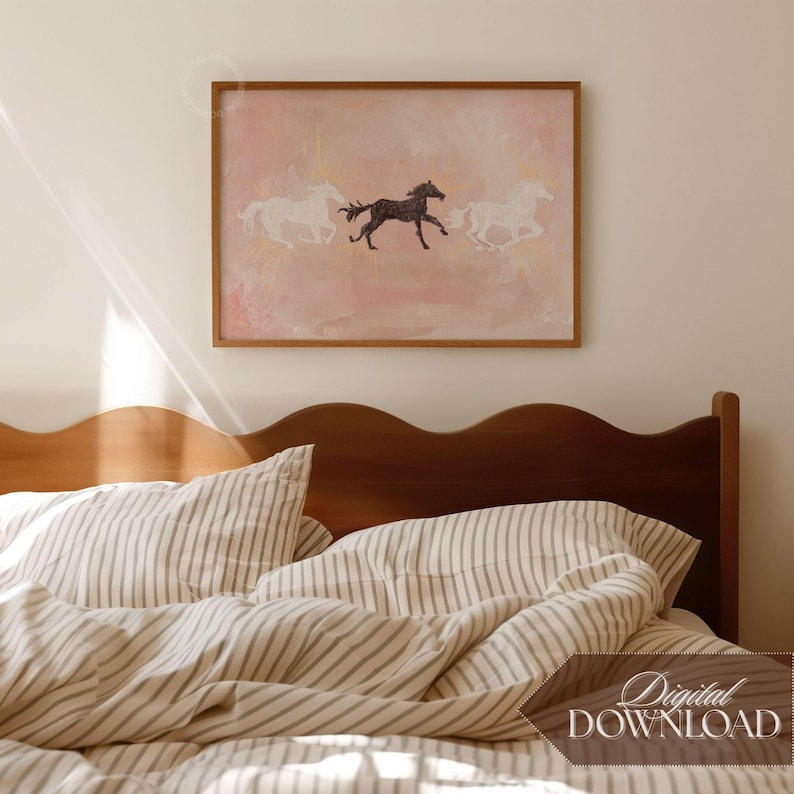 Rosa Pferd Collage Digitaldruck - Hand gezeichnete Western Wohnkultur, Cowgirl über dem Bett druckbare Poster, horizontale abstrakte Rodeo Wandkunst Bild 4