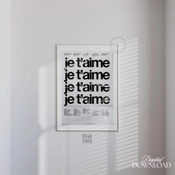 Stylish French Quote Print Je t'aime Poster Trendy Teens Room Decor Modern Black and White Wall Art Y2k Typography Gallery Poster #35