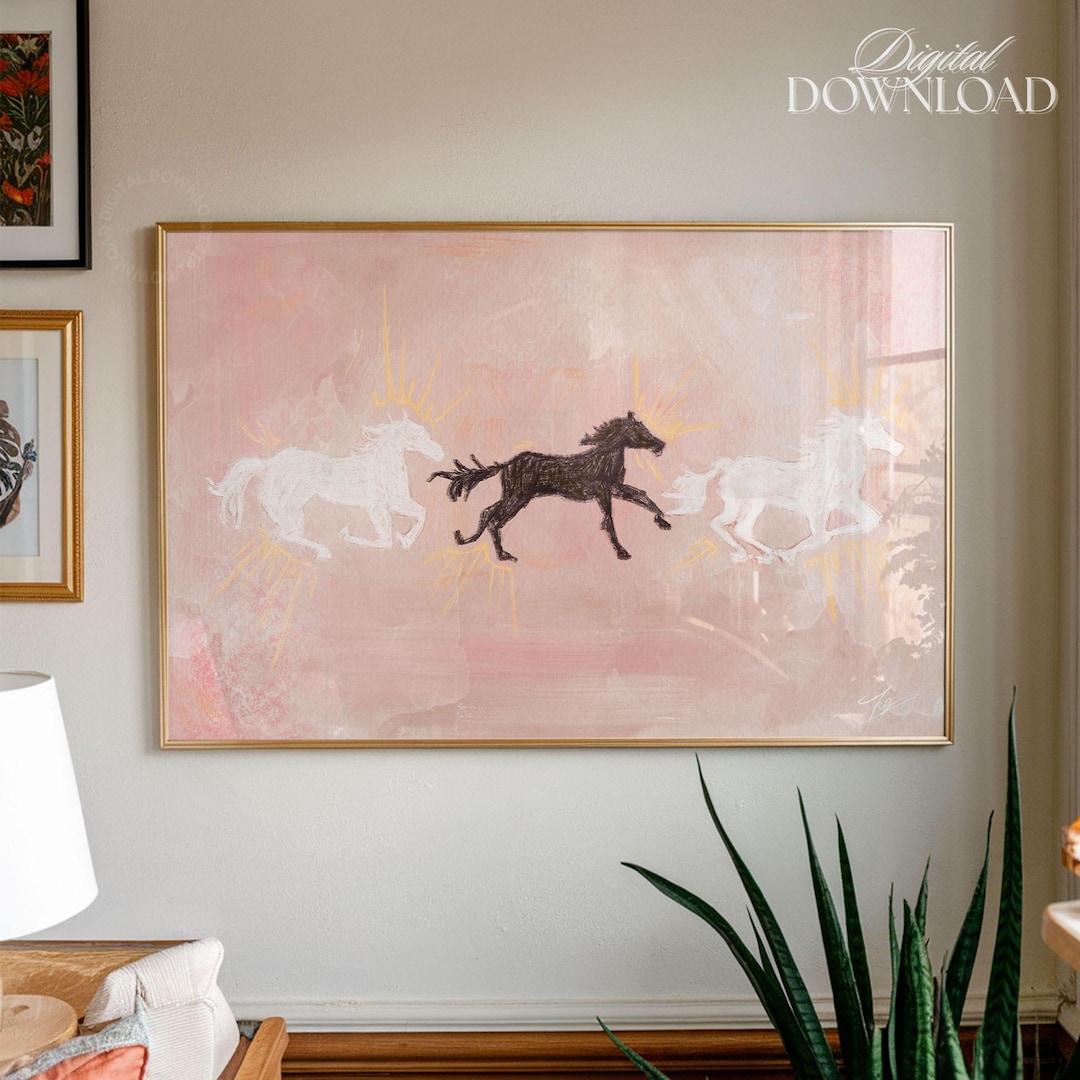 Pink Horse Collage Digital Print - Hand Drawn Western Home Decor, Cowgirl Above Bed Printa