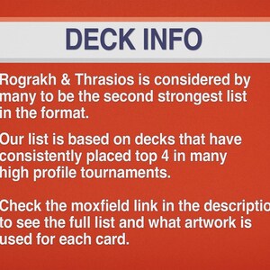 May include: A red background with white text that reads "DECK INFO." The text includes information about a card game deck, mentioning its strength and tournament performance. It also directs viewers to a link for more details.