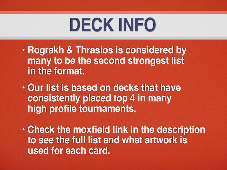May include: A red background with white text that reads "DECK INFO." The text includes information about a card game deck, mentioning its strength and tournament performance. It also directs viewers to a link for more details.