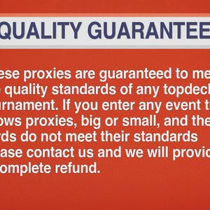 May include: Image with text: "QUALITY GUARANTEE". The text promises proxies meet quality standards for tournaments. If proxies don't meet standards, contact for a refund. Red background with white and blue text.