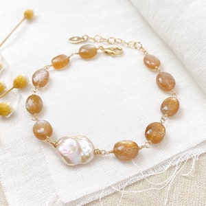 Baroque Pearl and Golden Moonstone Beaded Bracelet in Gold 7.5 Inch Extender Fall Jewelry image 1