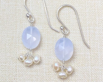 Natural Blue Chalcedony and Pearl Cluster Earrings in Sterling Silver - Dockside Collection