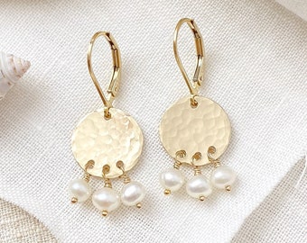 Gold Filled Hammered Disc Drop Earrings with Freshwater Pearls on Lever Backs