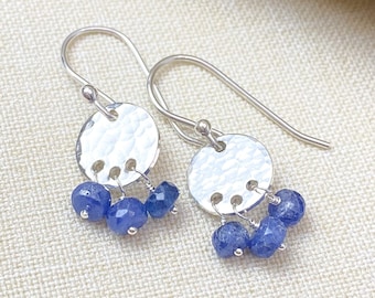 Sterling Silver Hammered Disc and Blue Sapphire Gemstone Earrings - Dockside Collection