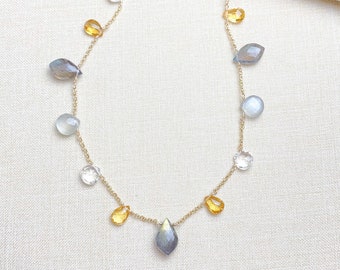 Labradorite Citrine Moonstone Multi Gemstone Station Necklace in Gold Fill - 18 Inches