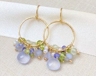 Gold Beaded Gemstone Hoop Earrings with Blue Chalcedony Peridot Tanzanite and Pearls