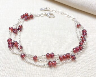 Sterling Silver Garnet Beaded Multi Strand Layered Bracelet