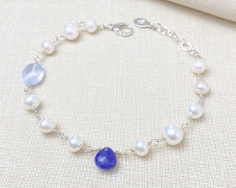 Sterling Silver Wire Wrapped Blue Gemstone and Pearl Bracelet - Dockside Collection