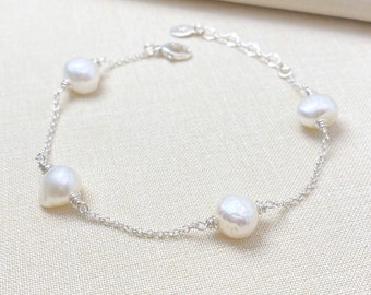 Large White Baroque Pearl Station Bracelet in Sterling Silver