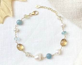 Gold Mixed Gemstone and Pearl Beaded Bracelet - 7 inch + Extender - Fall Style Jewelry