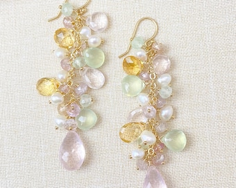 Multi Gemstone Cascading Drop Earrings with Rose Quartz, Prehnite, Citrine, and Pearls in Gold Fill