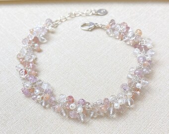 Pink Topaz Freshwater Pearl and Peach Moonstone Beaded Cluster Bracelet in Sterling Silver - 7 inches